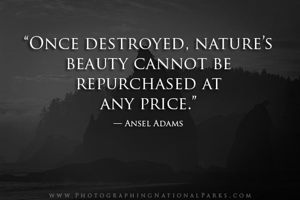 “Once destroyed, nature’s beauty cannot be repurchased at any price.” — Ansel Adams